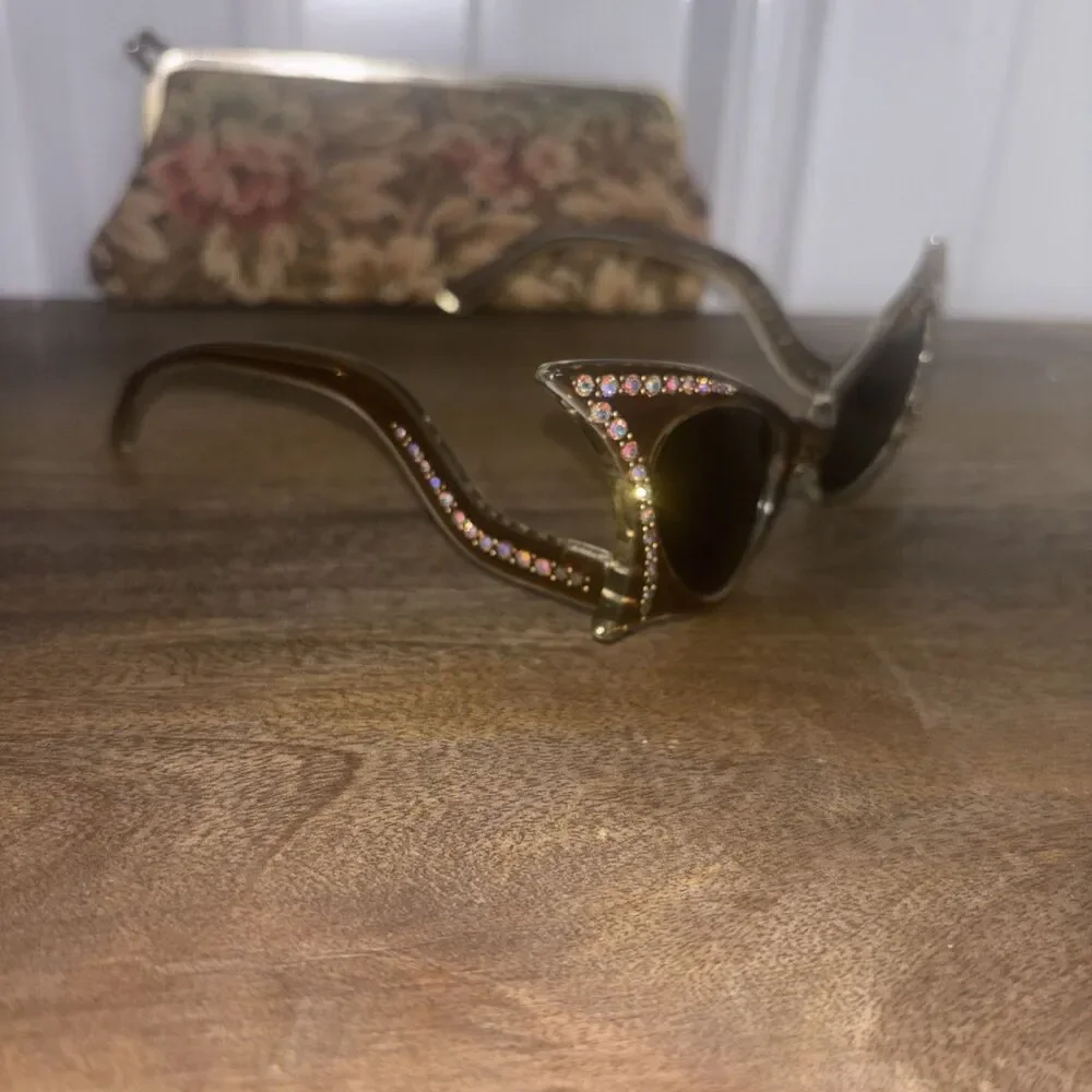 Vintage French Rhinestone Cat Eye Sunglasses w/soft Case EUC